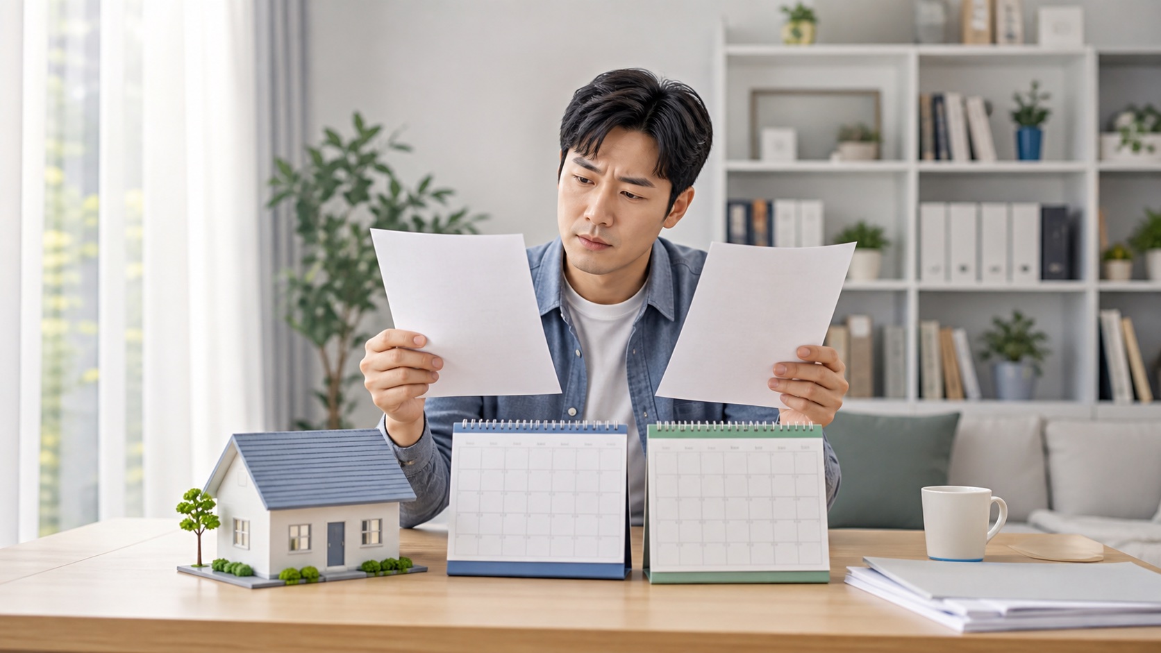 주택 소유자가 7월과 9월 달력 및 두 장의 재산세 고지서를 비교하는 모습