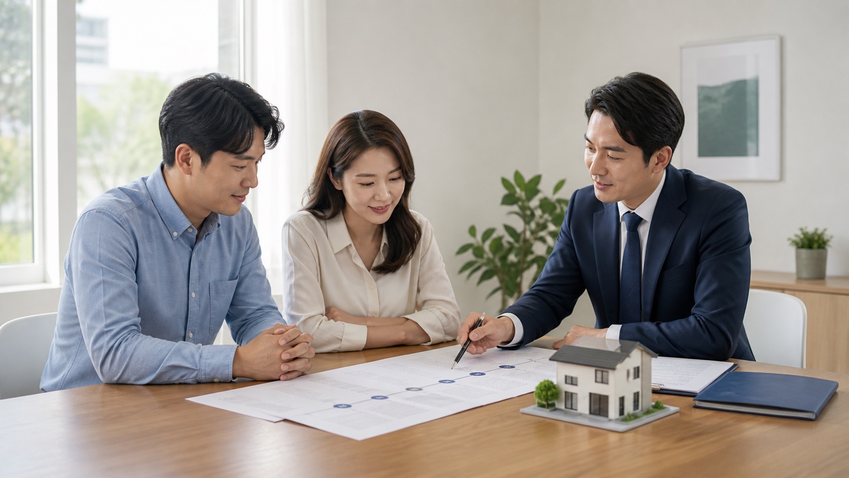 부동산 매도인과 매수인이 주택 모형과 소유권 이전 일정 및 재산세 기준일을 확인하는 모습