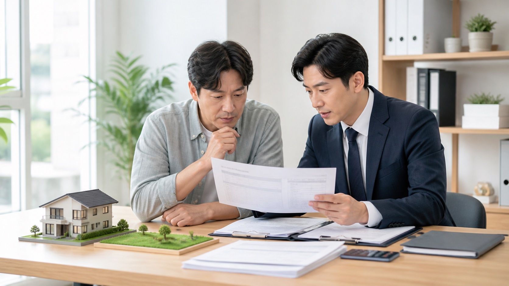 주택 소유자와 세무전문가가 재산세 고지서의 과세대상과 세액 항목을 확인하는 모습