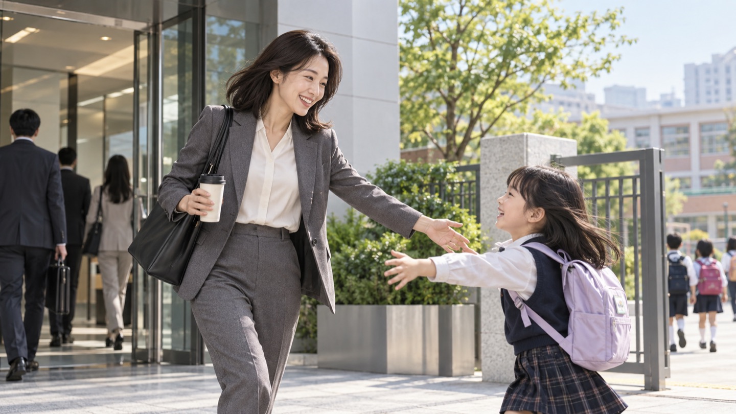 낮 시간에 퇴근한 부모가 학교에 다니는 자녀를 만나는 모습