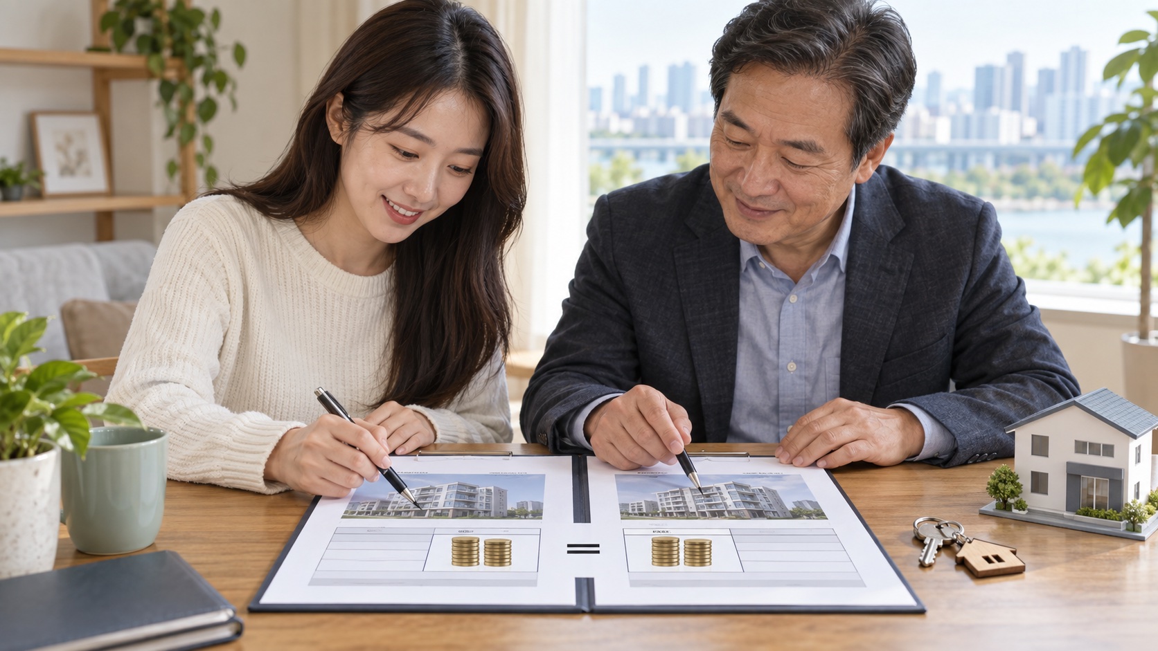 세입자와 임대인이 갱신계약서의 보증금과 월세 변경 여부를 대조하는 모습