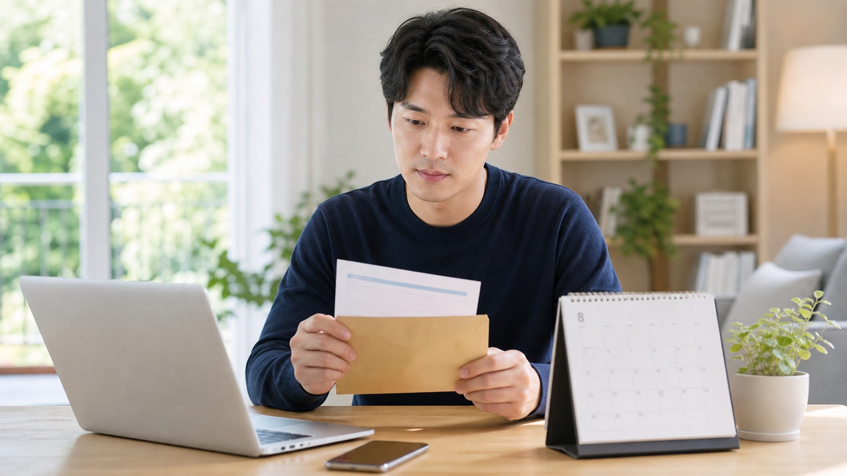 주민세 개인분 고지서와 8월 달력을 확인하는 세대주