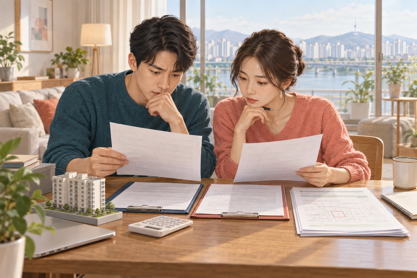 부부가 주택 매매계약서와 전세계약서를 구분해 확인하는 모습