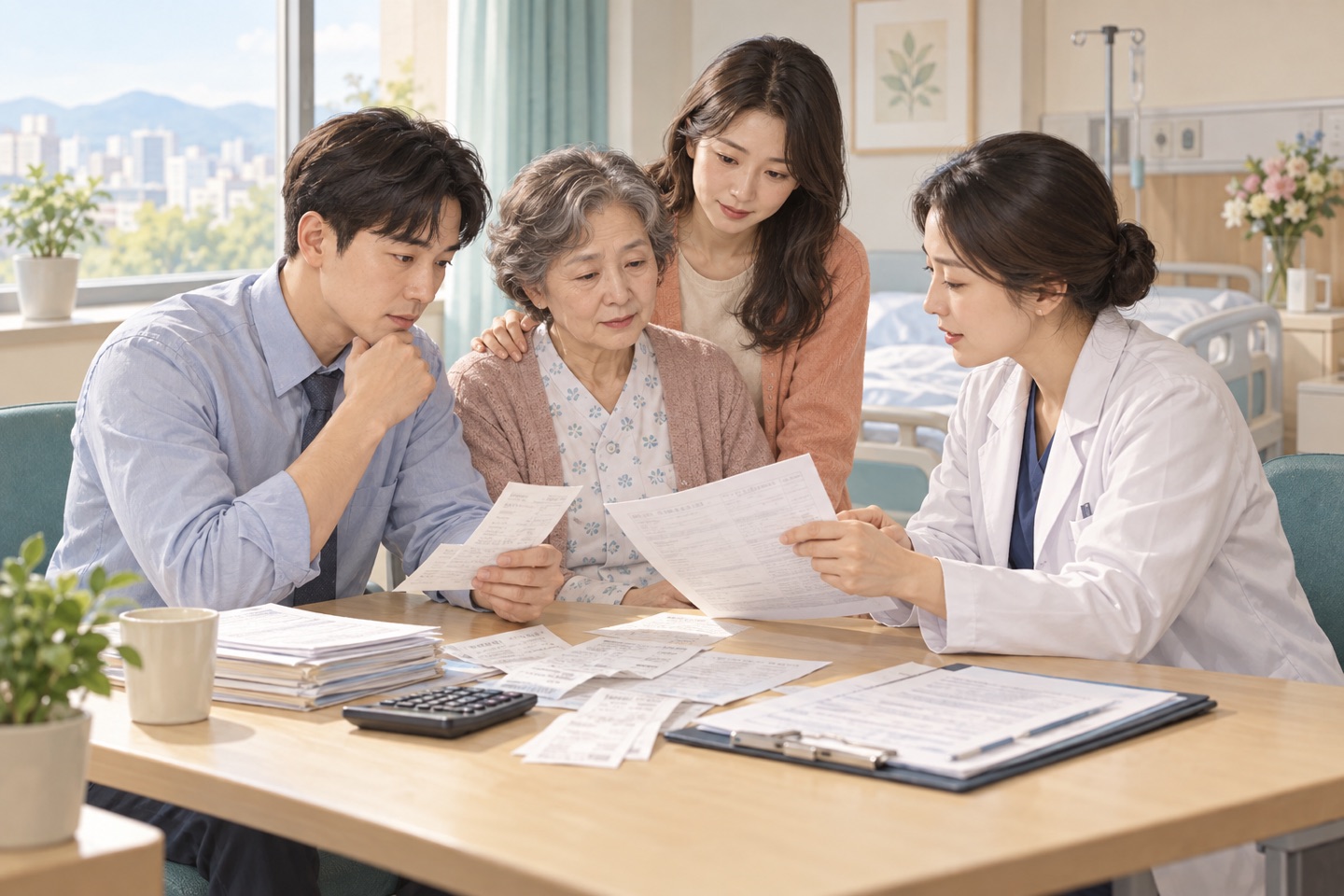 근로자가 가족의 진료비 영수증과 요양 증명자료를 정리하는 모습