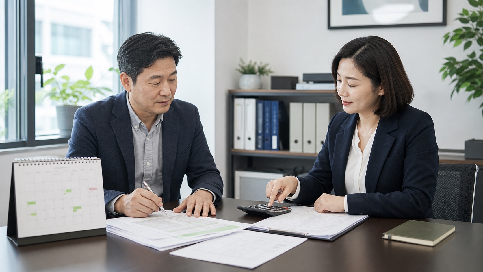 퇴직을 앞둔 근로자가 인사 담당자와 급여명세서 및 퇴직금 계산 자료를 확인하는 모습