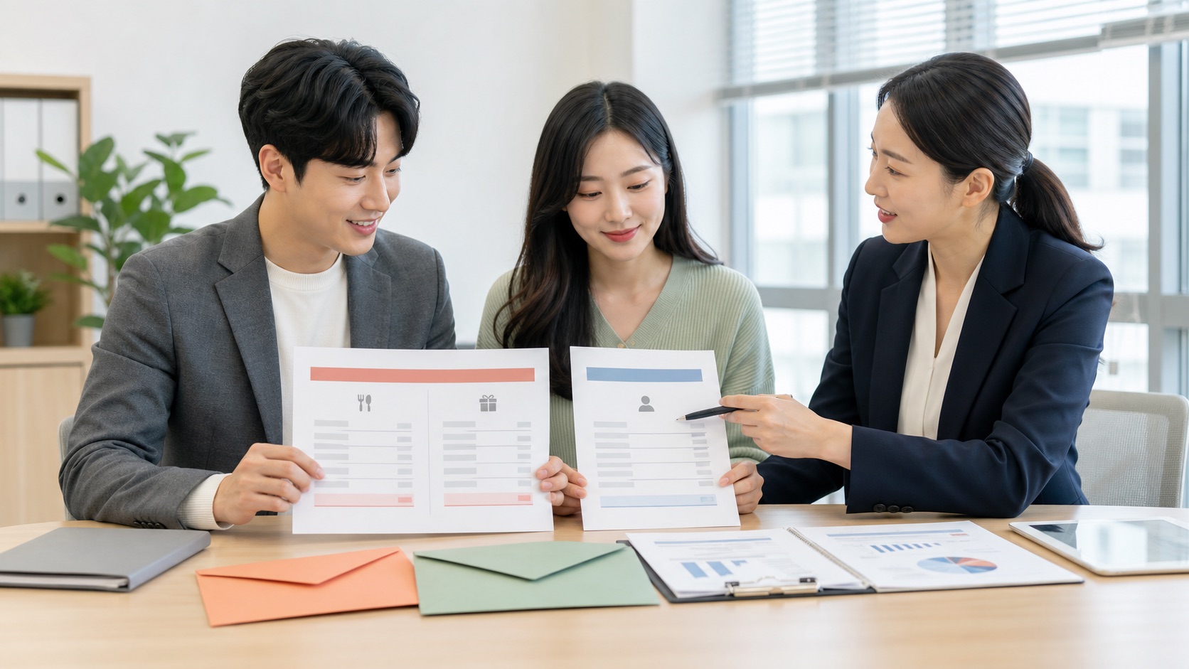 직장인 두 명이 식대와 상여가 다른 연봉 구성표를 인사담당자와 비교하는 모습