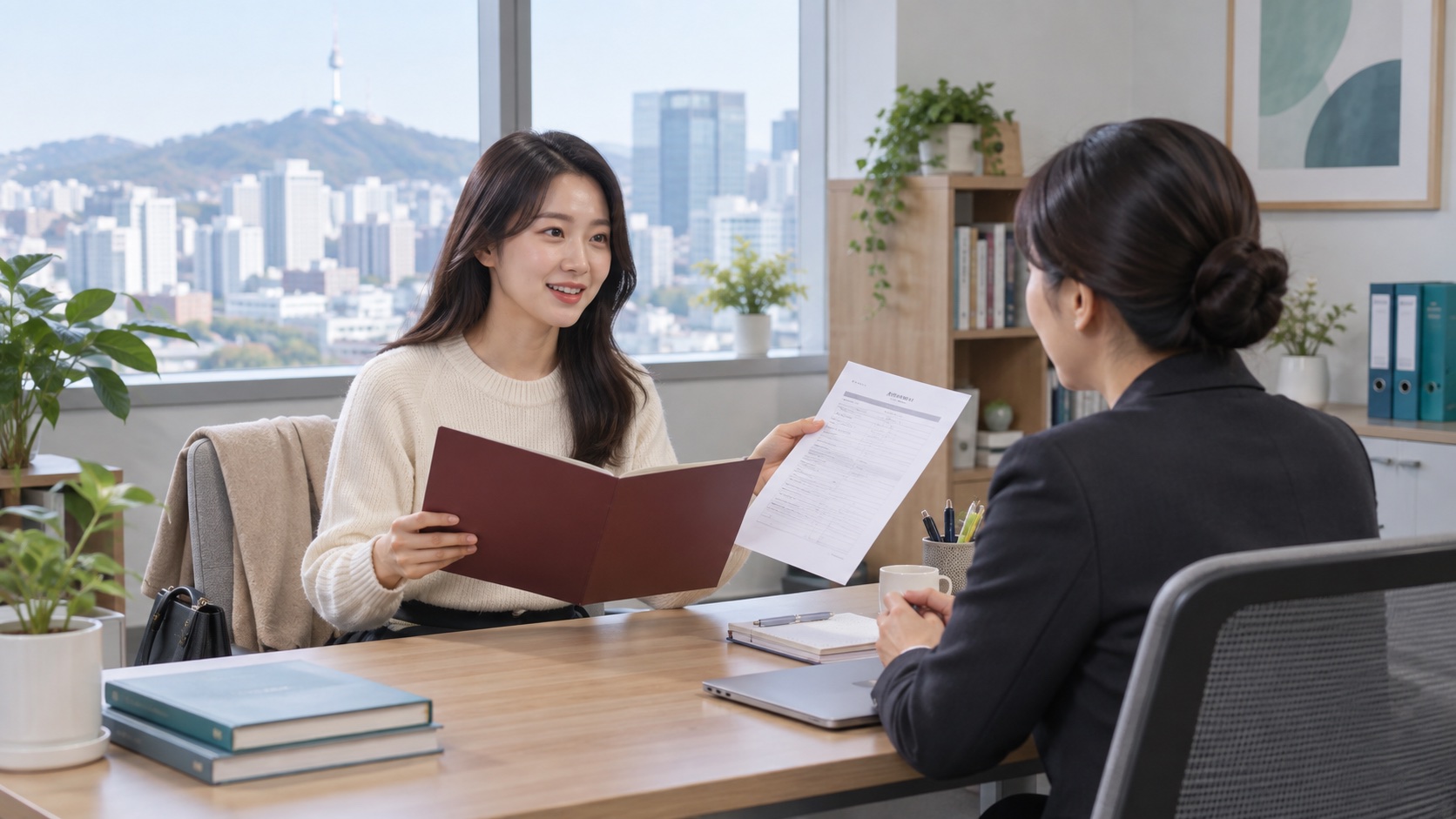 직원이 인사담당자에게 휴직 신청서와 학교 안내문을 보여주는 모습
