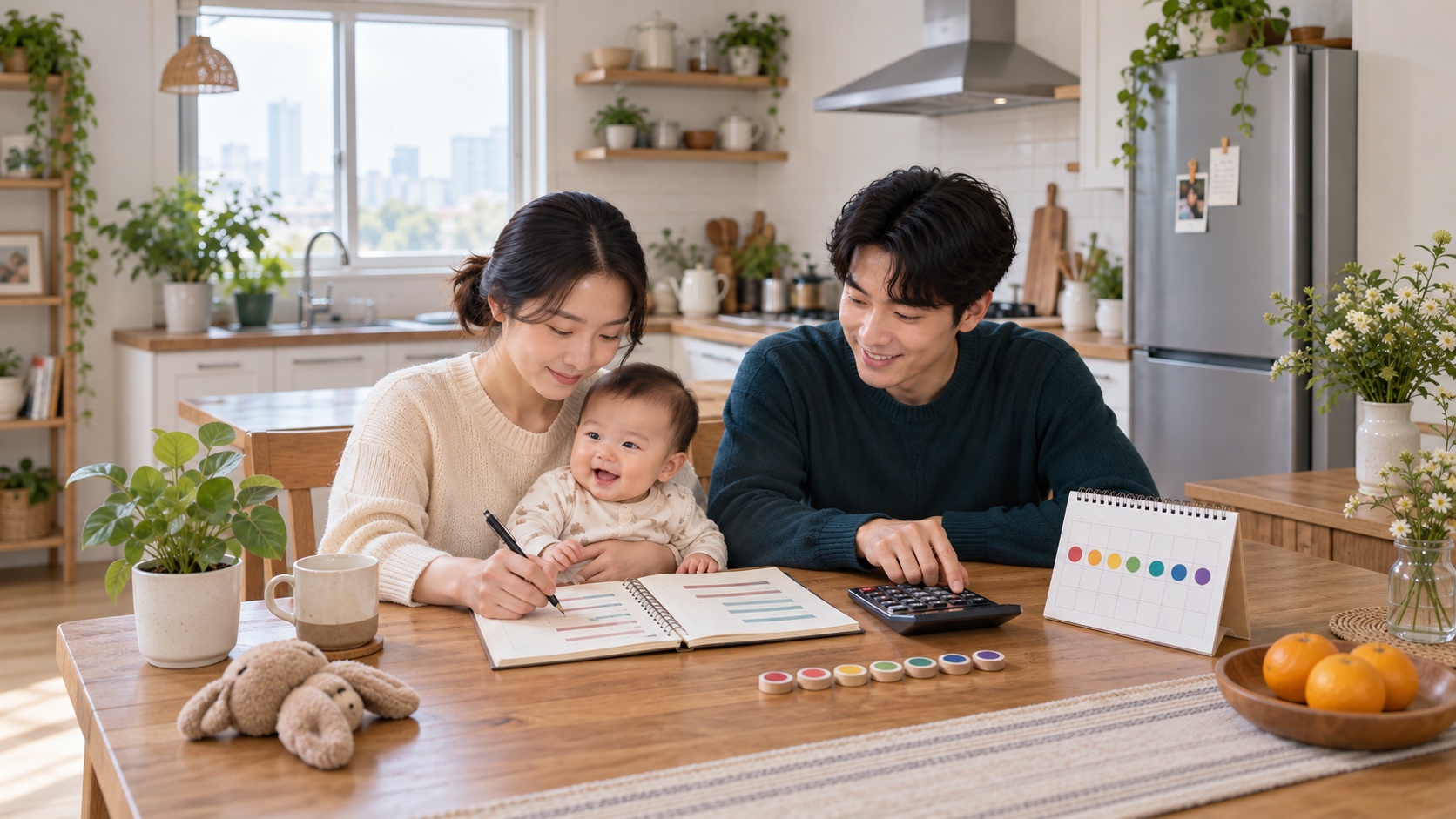계산기와 주간 달력으로 일주일 휴직 급여를 계산하는 책상