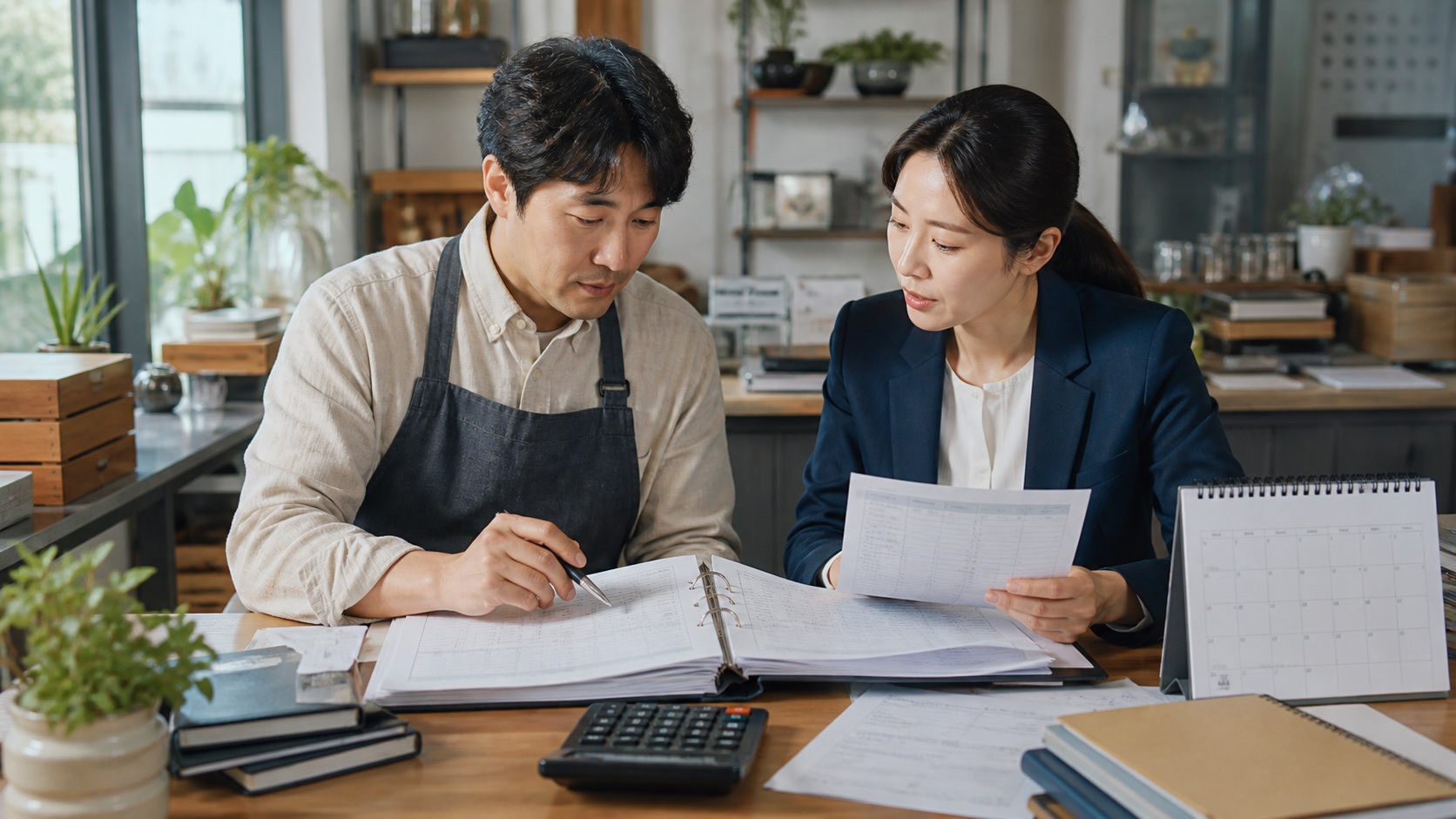 사업자와 세무전문가가 전년도 장부와 올해 매출자료를 함께 비교하는 모습