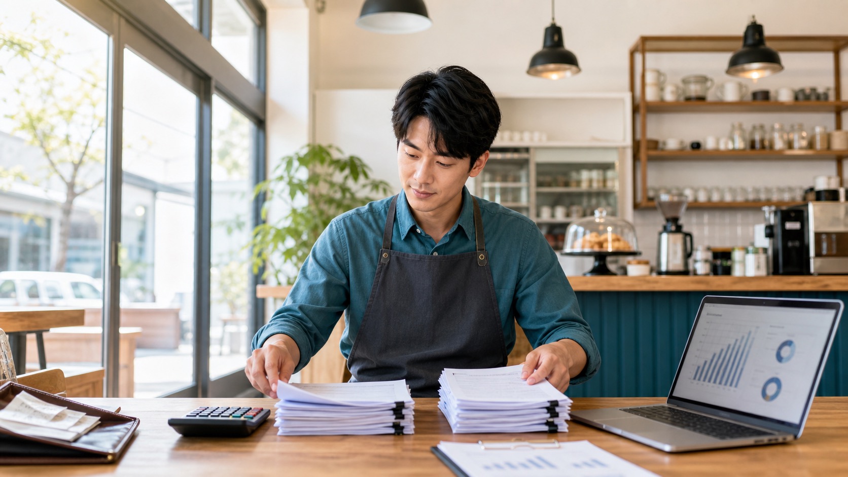 간이과세자와 일반과세자 선택을 위해 매출 자료를 검토하는 자영업자
