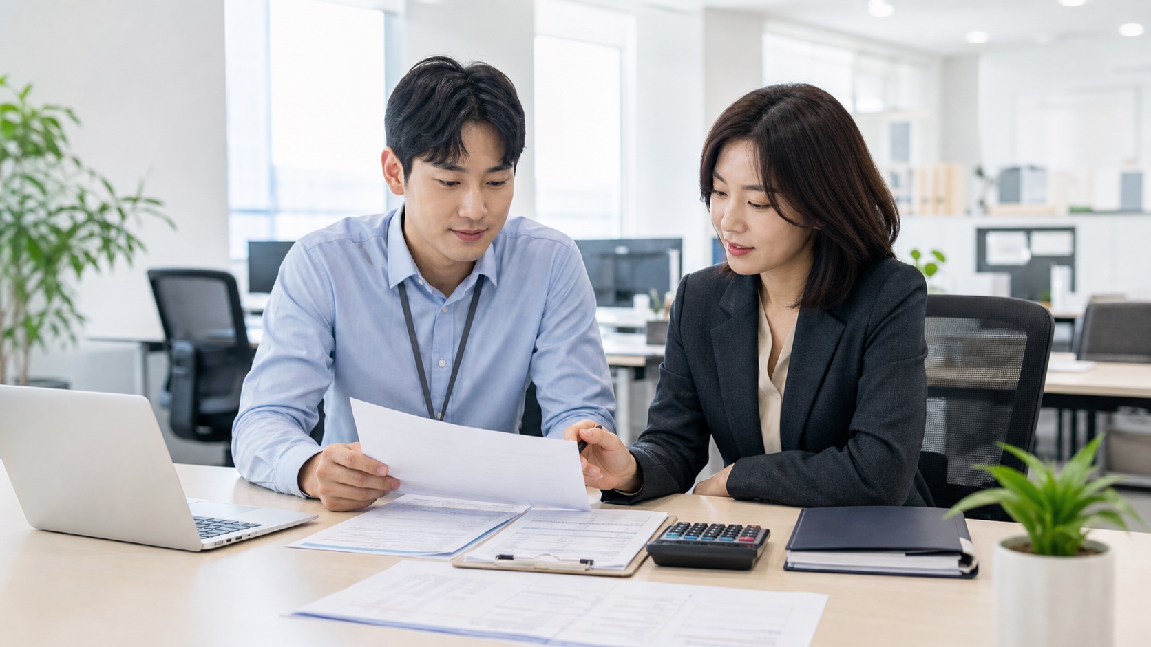 중소기업에 취업한 청년 근로자가 인사 담당자와 소득세 감면 신청서를 확인하는 모습