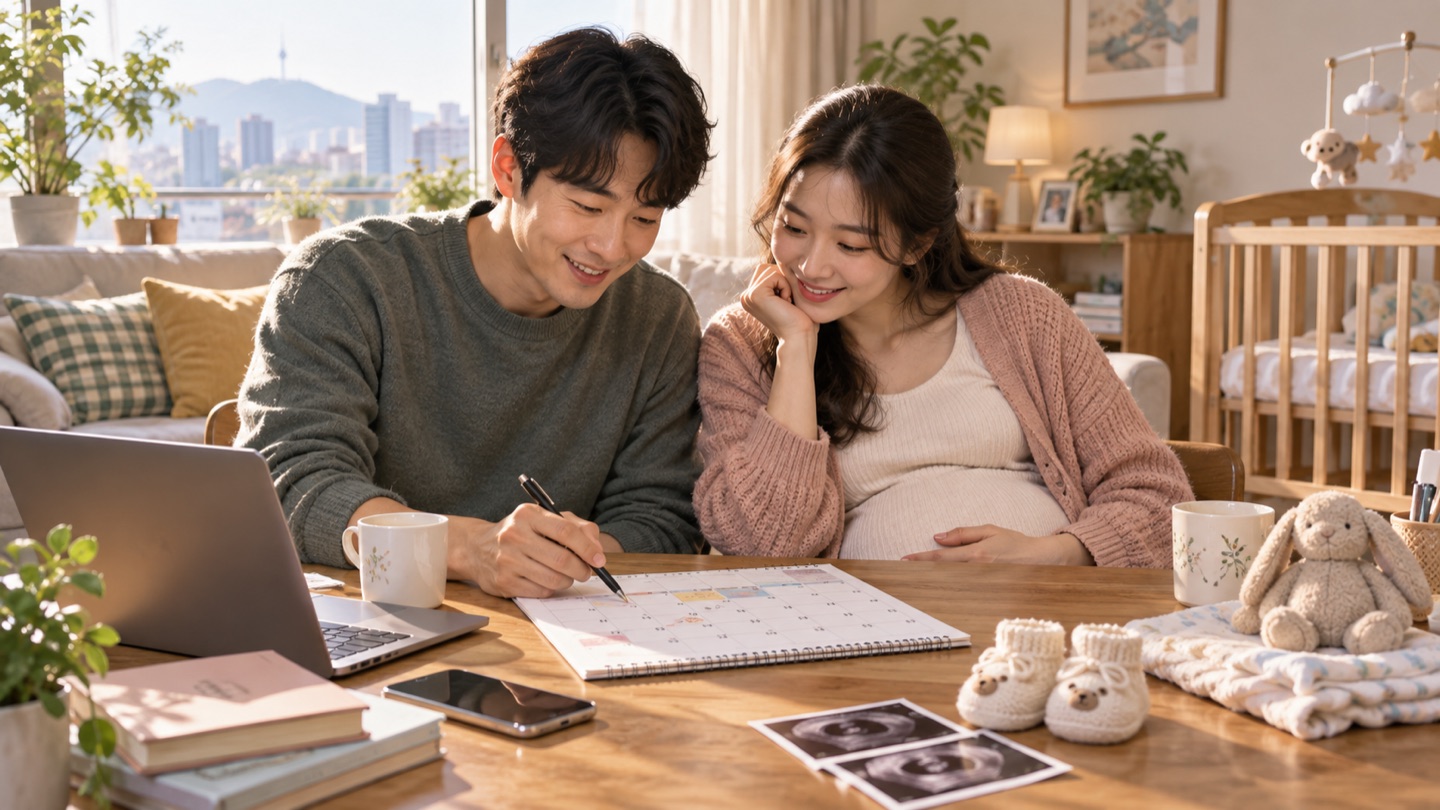 출산을 앞둔 부부가 집에서 출산 예정일과 직장 휴가 일정을 함께 확인하는 모습