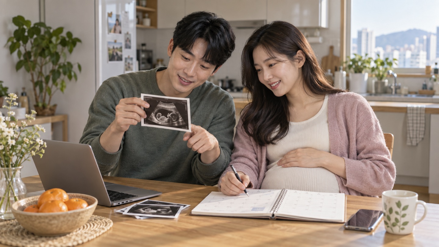 부부가 출산예정일과 산전 진료 일정을 탁자에서 확인하는 모습
