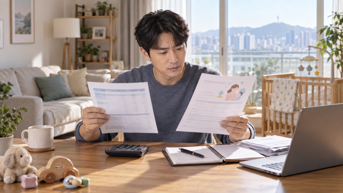 아빠가 임금명세서와 고용보험 급여 자료를 계산기로 비교하는 모습