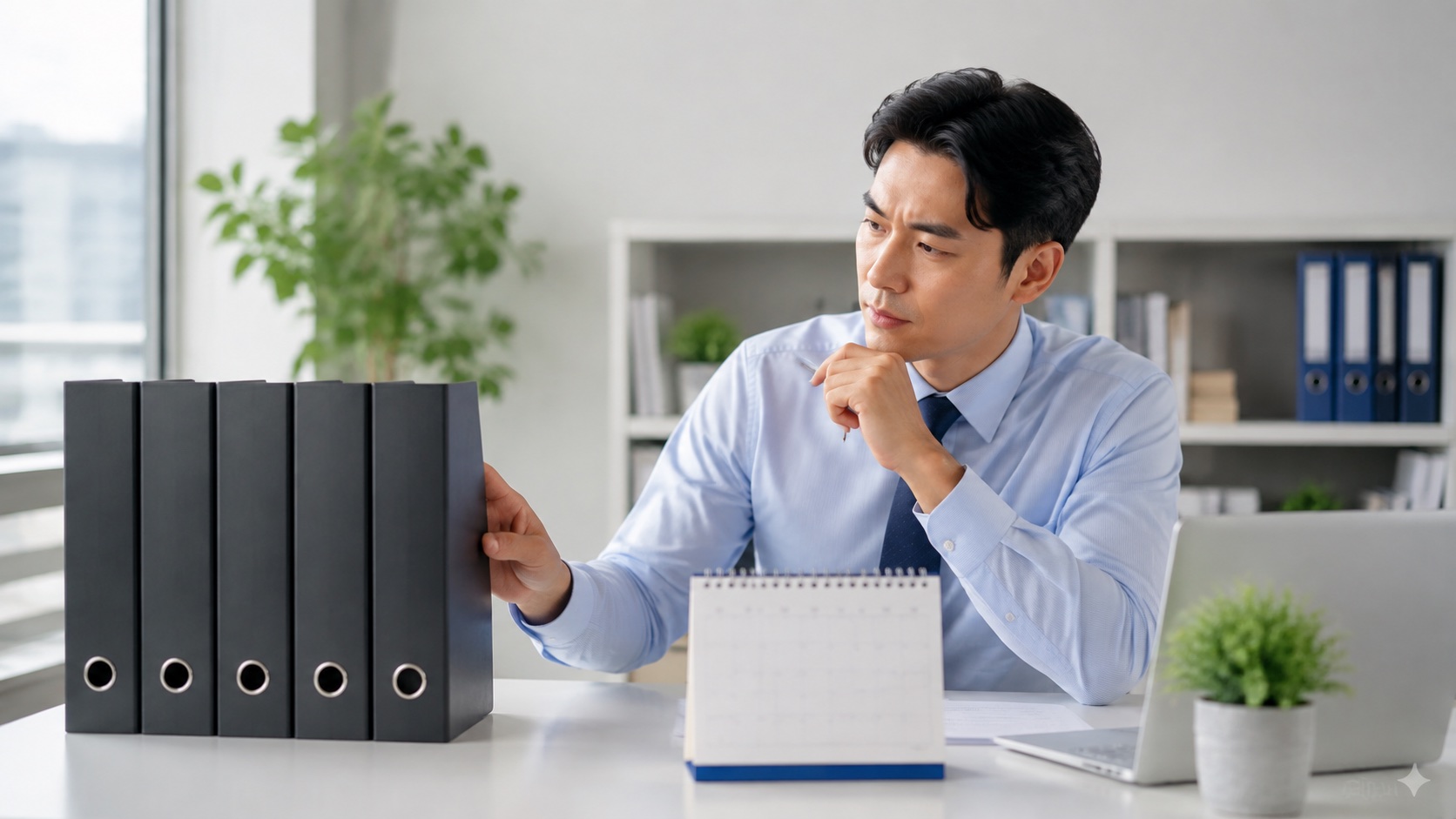 세무 담당자가 연도별 보관 서류와 달력으로 신고기한을 확인하는 모습