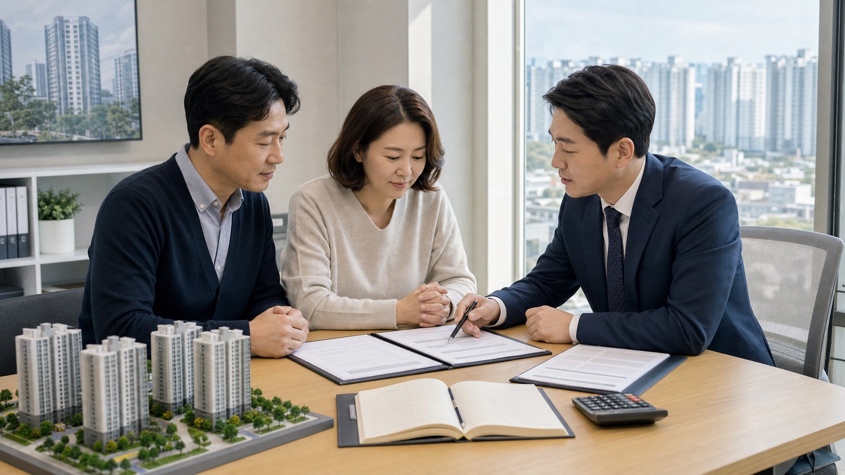 이사를 준비하는 부부가 두 아파트 계약서와 양도 일정표를 세무 전문가와 확인하는 모습
