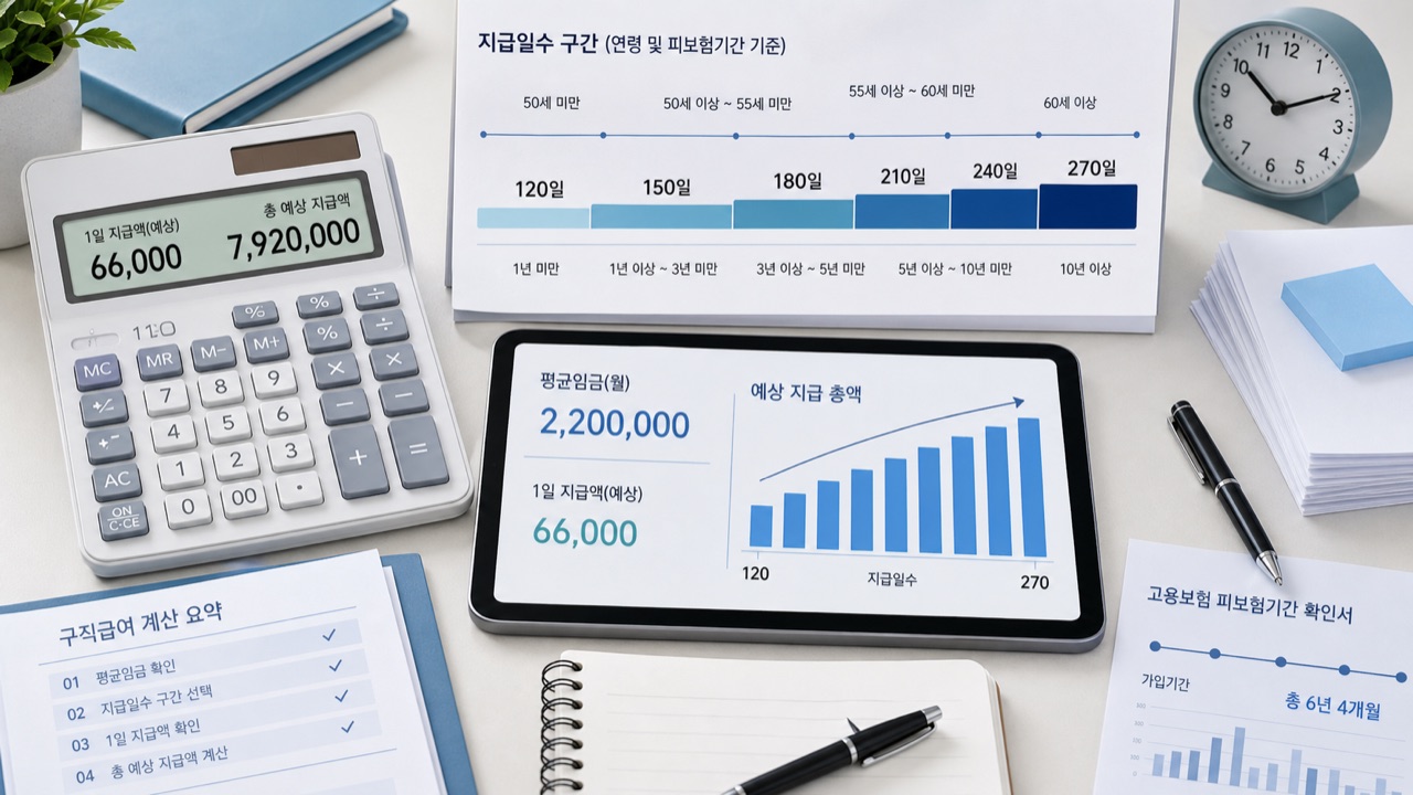 실업급여 지급일수와 금액을 계산하는 달력과 계산기