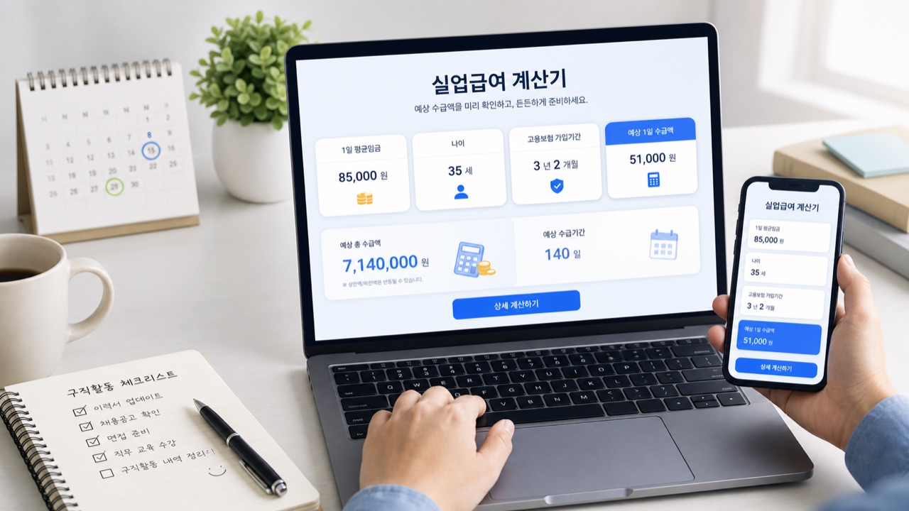 실업급여 계산기 화면과 구직활동 체크리스트