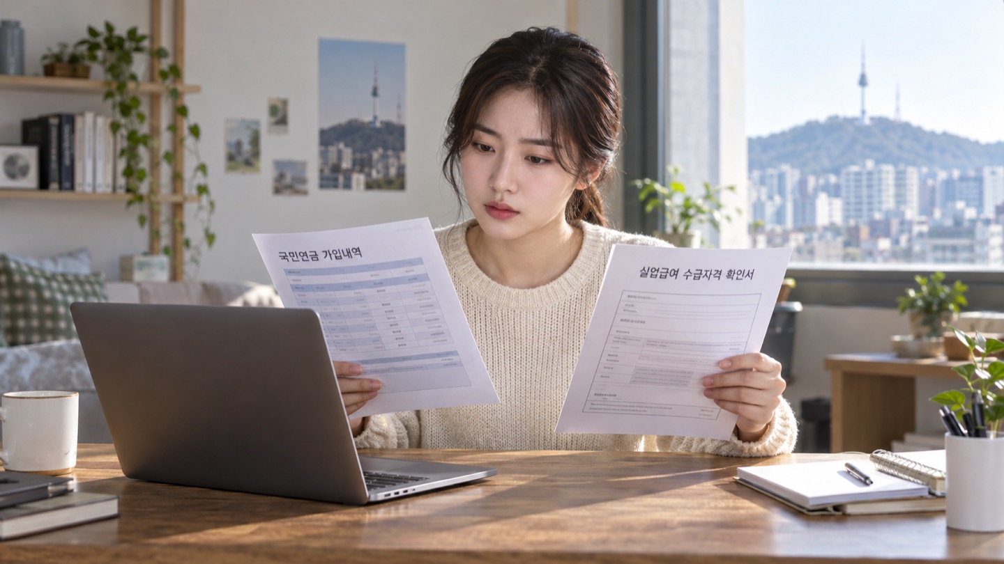 구직자가 구직급여 확인서와 국민연금 가입내역을 나란히 보는 모습