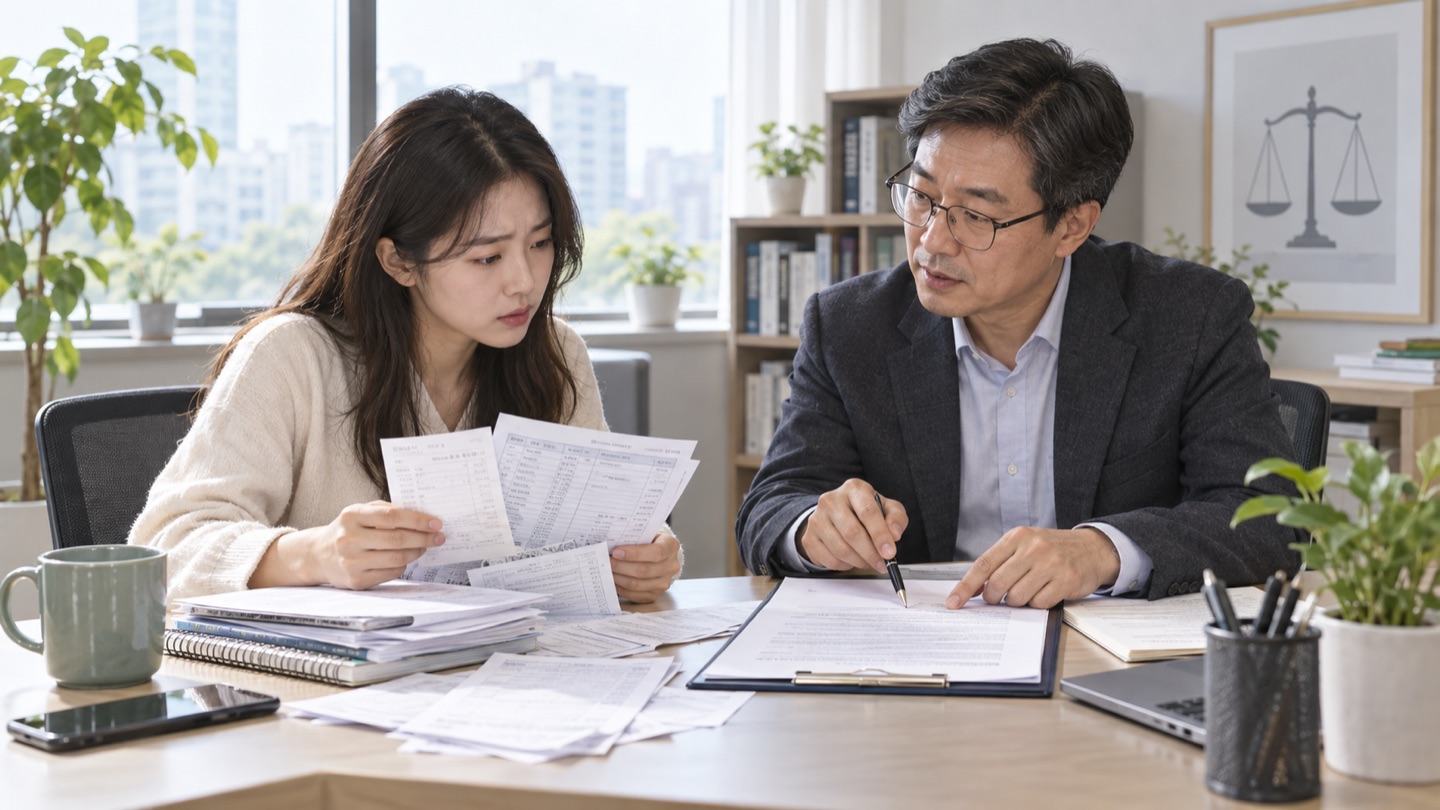 퇴직 근로자가 노동 상담 담당자와 체불 급여 자료를 정리하는 모습