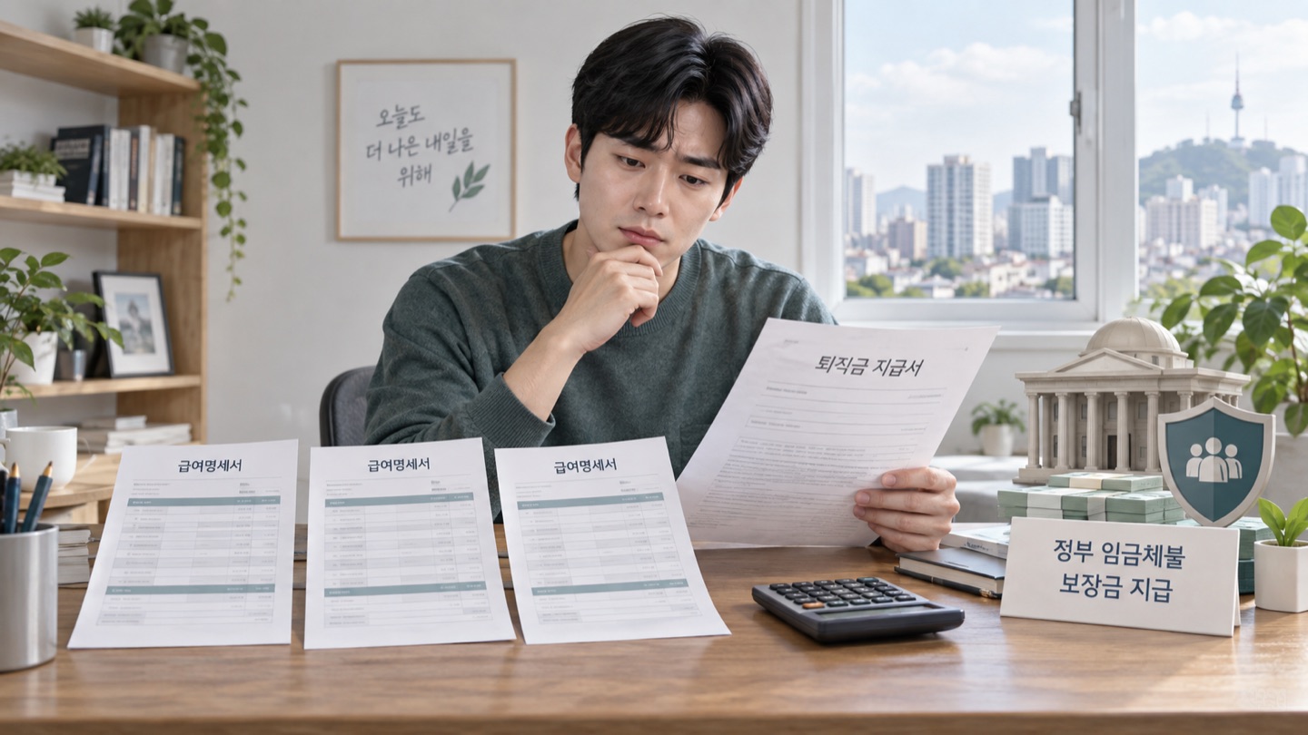 급여명세서와 퇴직급여 서류를 계산기로 나누어 계산하는 모습