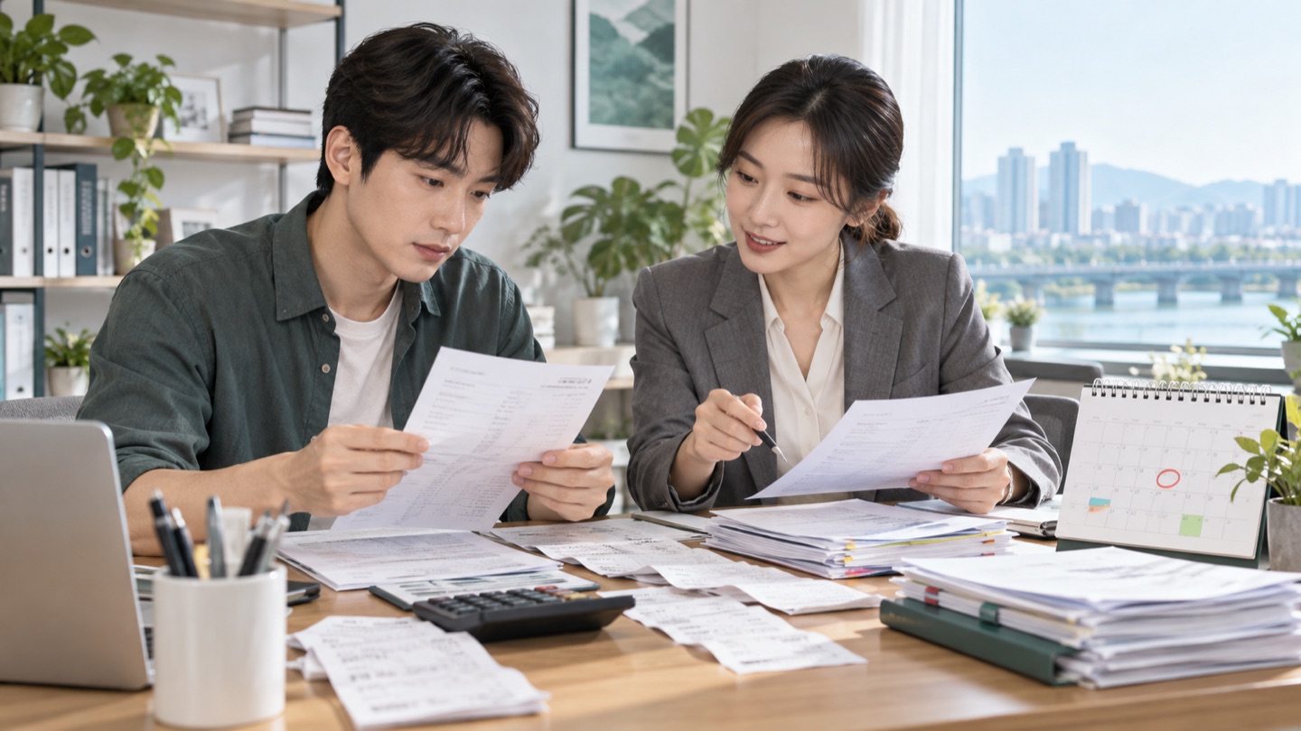 근로자와 상담 담당자가 서류 발급일과 달력을 대조하는 모습
