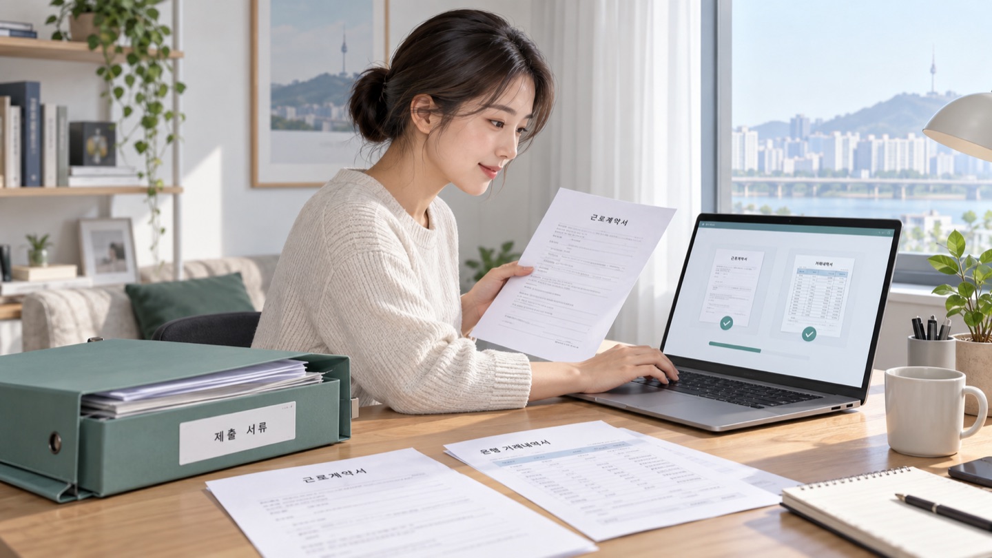 근로자가 노트북으로 급여 자료와 계약서 사본을 제출하는 모습