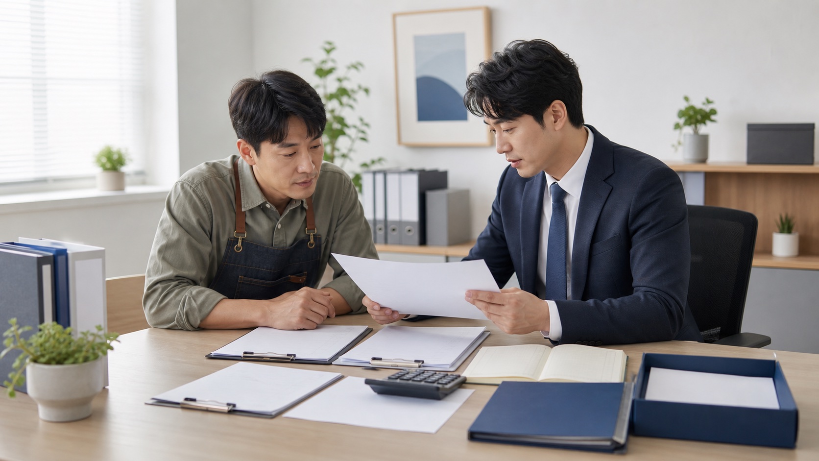 소상공인이 세무전문가와 받지 못한 외상대금과 부가세 대손세액공제 자료를 확인하는 모습