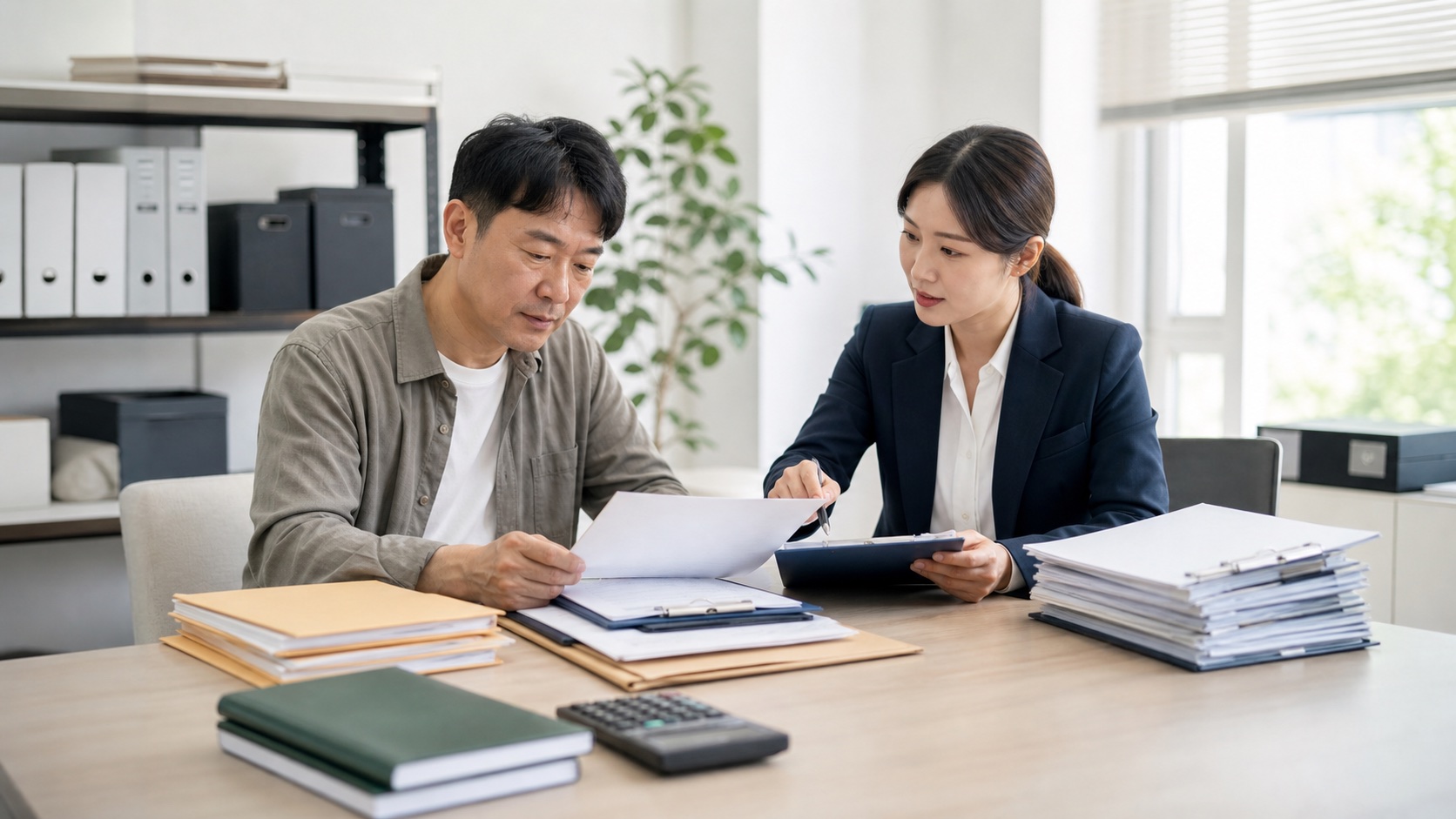사업자와 세무전문가가 법원 파산 및 강제집행 서류와 매출채권 자료를 분류하는 모습