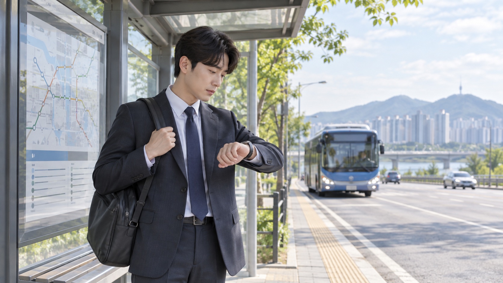 긴 출퇴근길의 버스정류장에서 시간과 노선을 살피는 근로자