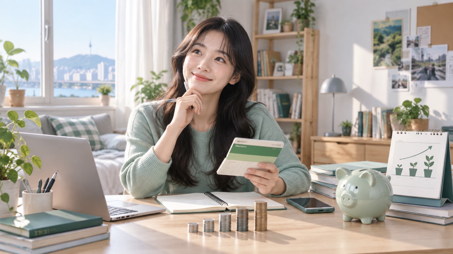 청년이 은행 통장과 휴대전화를 놓고 장기 저축 계획을 세우는 모습