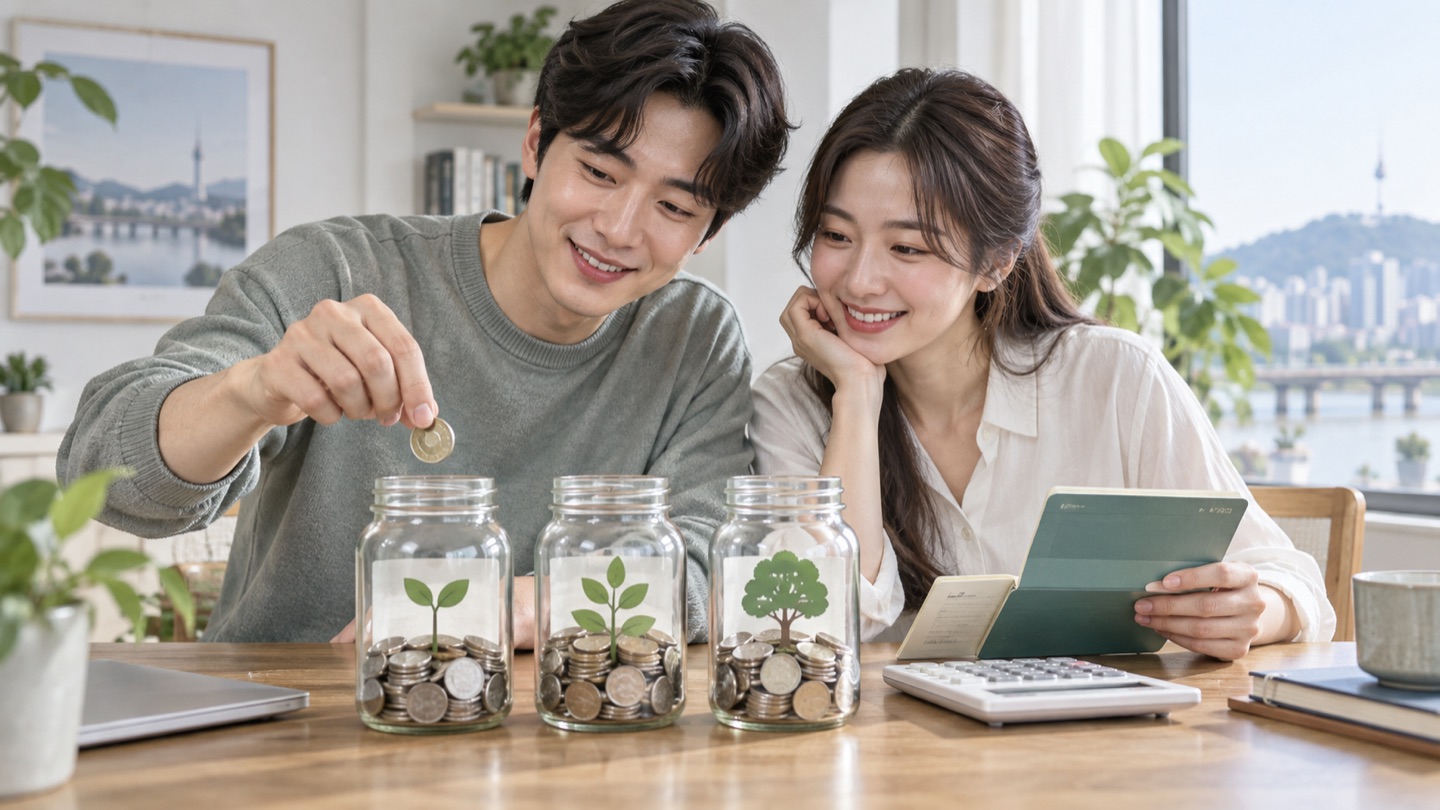 저축 통장과 계산기 옆에 납입액이 다른 동전 묶음을 배치한 모습