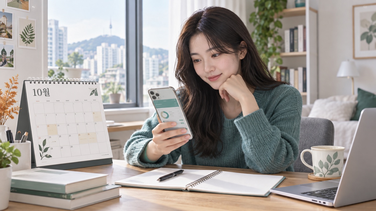 청년이 달력과 모바일 은행 화면을 함께 확인하는 모습