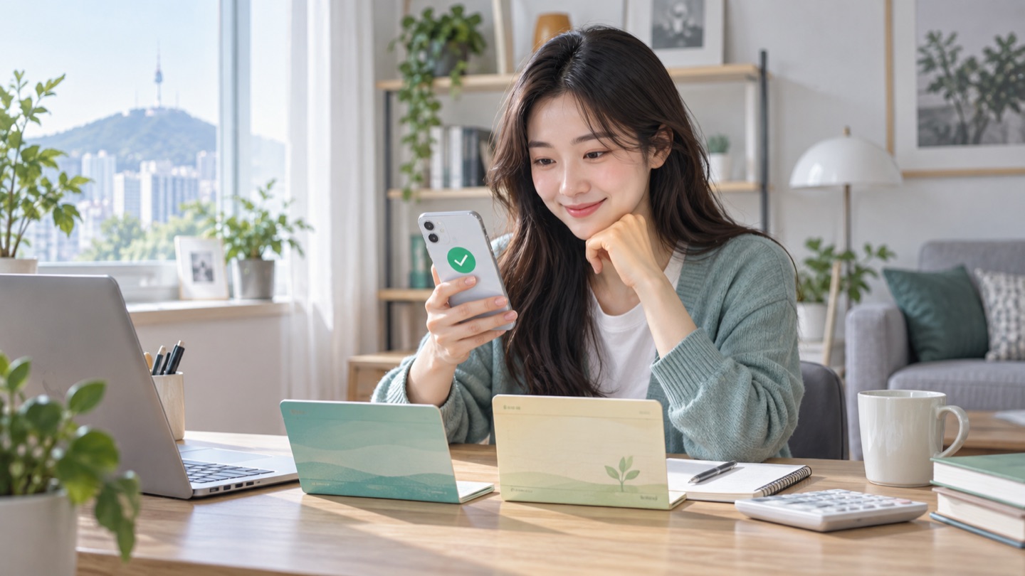두 저축 통장을 두고 휴대전화의 승인 결과를 확인하는 청년