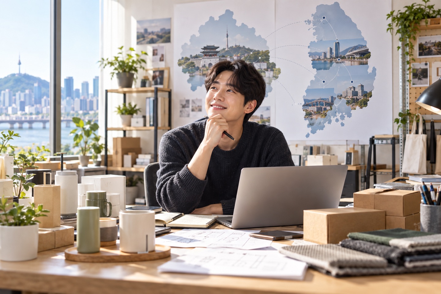 청년 창업자가 사업장 입지와 세금 감면자료를 살펴보는 모습