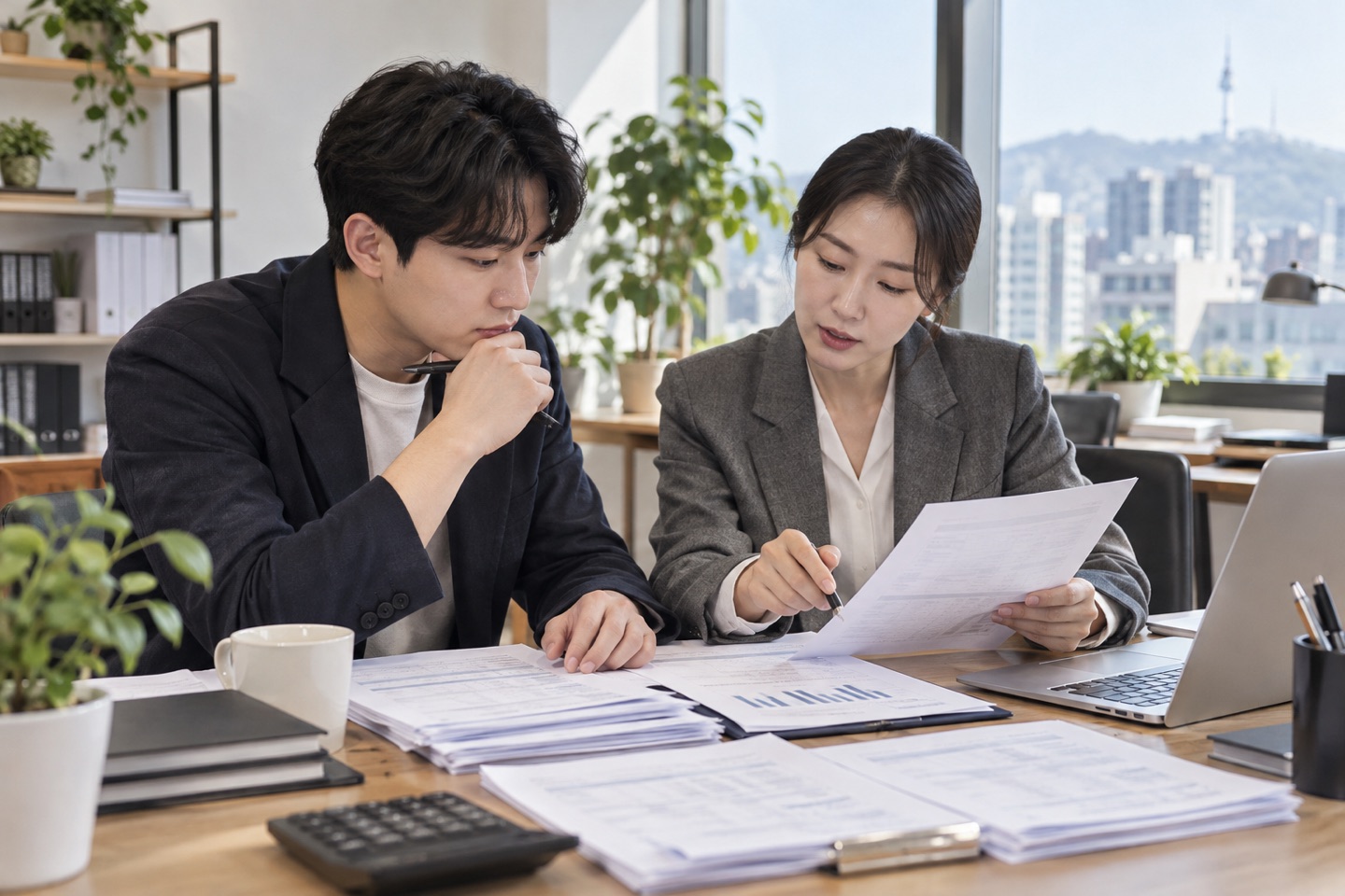 청년 창업자와 세무 담당자가 소득세 신고 자료를 검토하는 모습